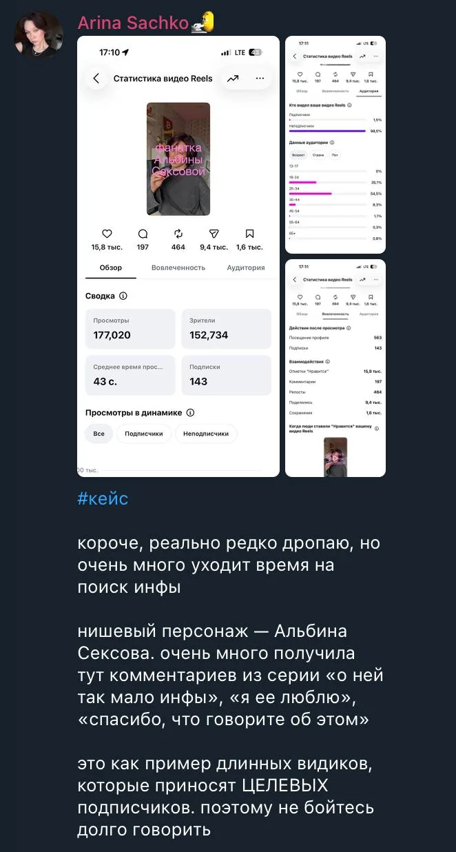 Скрин поста Arina Sachko в чате клуба: статистика ролика, 177 020 просмотров и 143 подписки