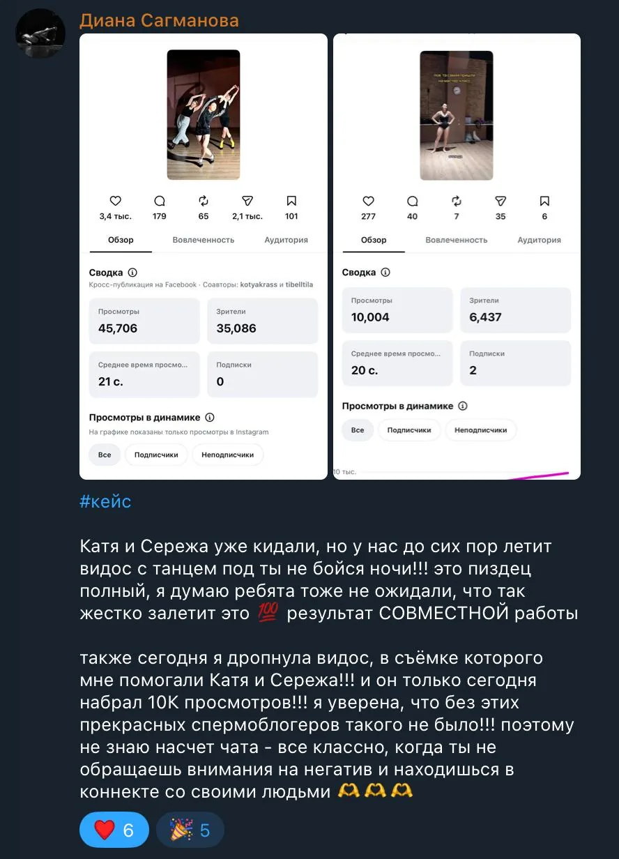 Скрин поста Дианы Сагмановой в чате клуба: 45 706 просмотров на совместном ролике и 10 004 за день на своём
